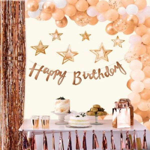 Rose Gold Happy Bırthday Kaligrafi Yıldızlı Banner